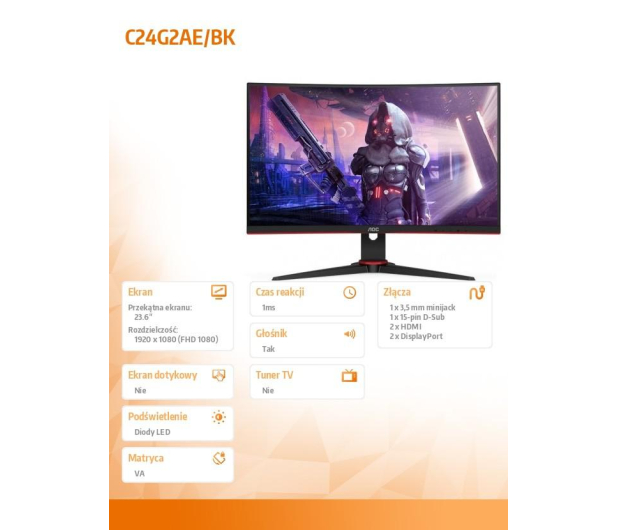 AOC 23,6" C24G2AE/BK Curved Czarny - 589041 - zdjęcie 2